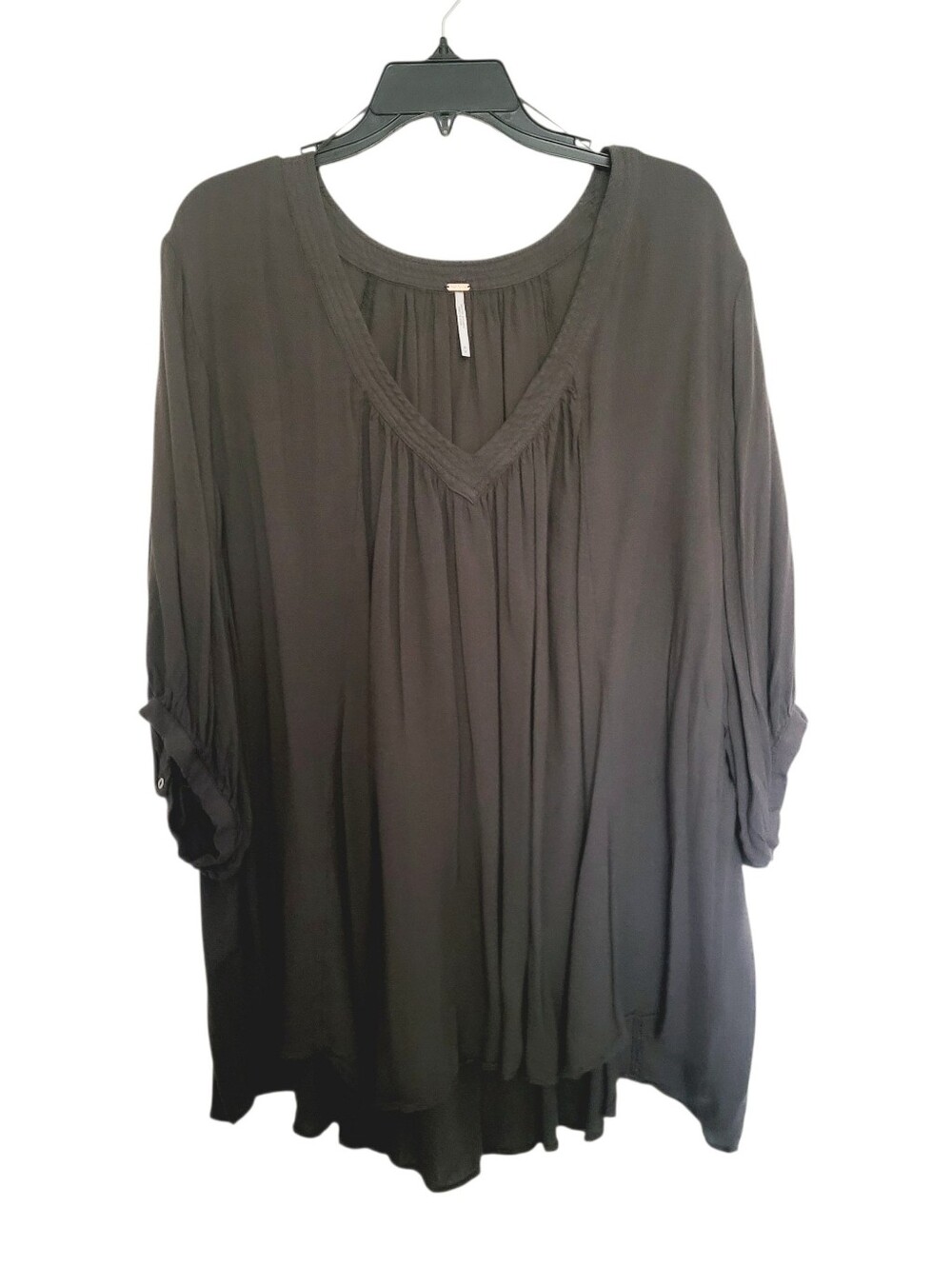 Free People Dark Gray / Charcoal Gray V-Neck Flowy Boho Oversized Tunic Blouse